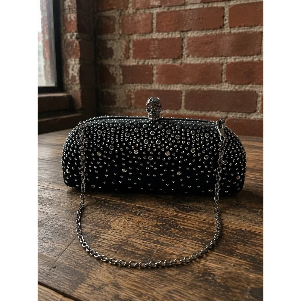 Black Satin Rhinestone Skull Evening Clutch Bag Gothic Grunge Formal Y2K Glam